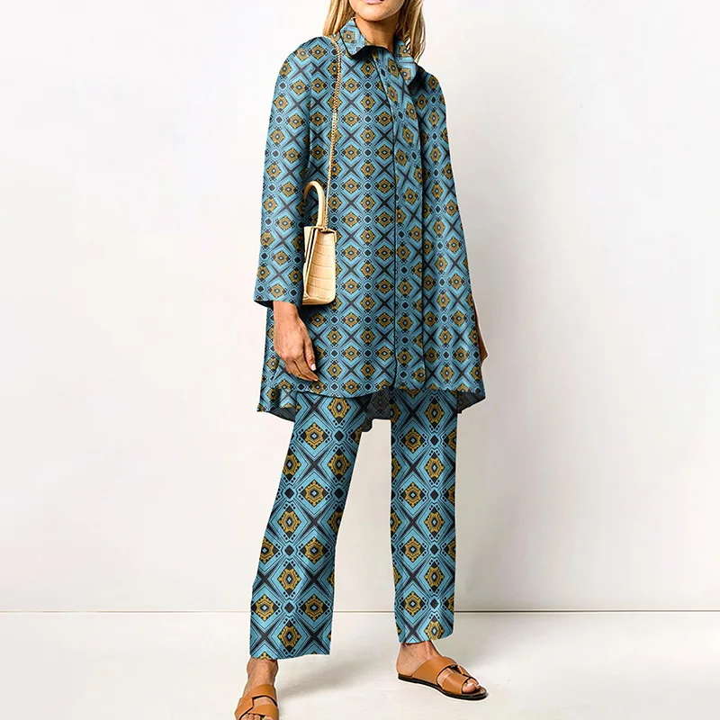 Spring Autumn Women's Two Pieces Set Loose Blouse Pants Print Casual Two Pieces Multi Patterns Long Sleeve Big Sizes S-3XL 9927