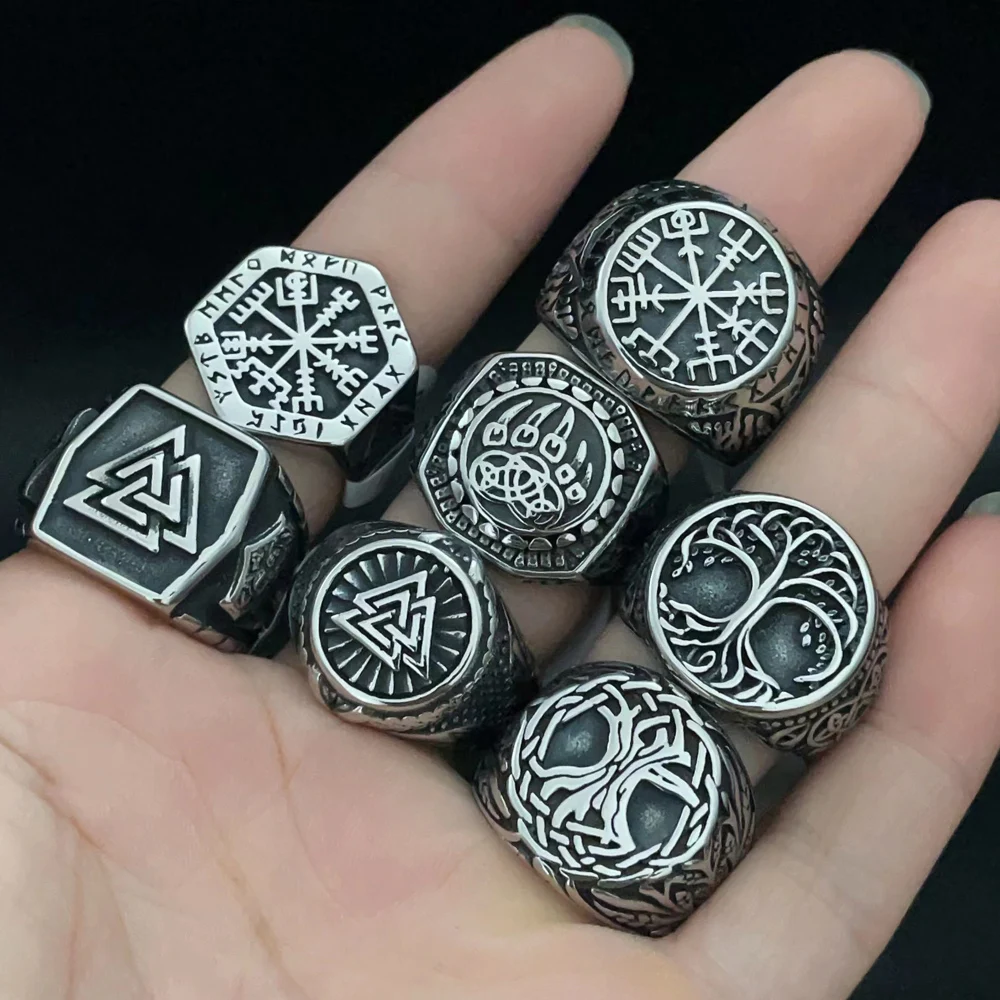 

Vintage Nordic Viking Ring Stainless Steel Men Ethnic Belief Odin Compass Valknut Tree of Life Ring Amulet Jewelry Free Shipping