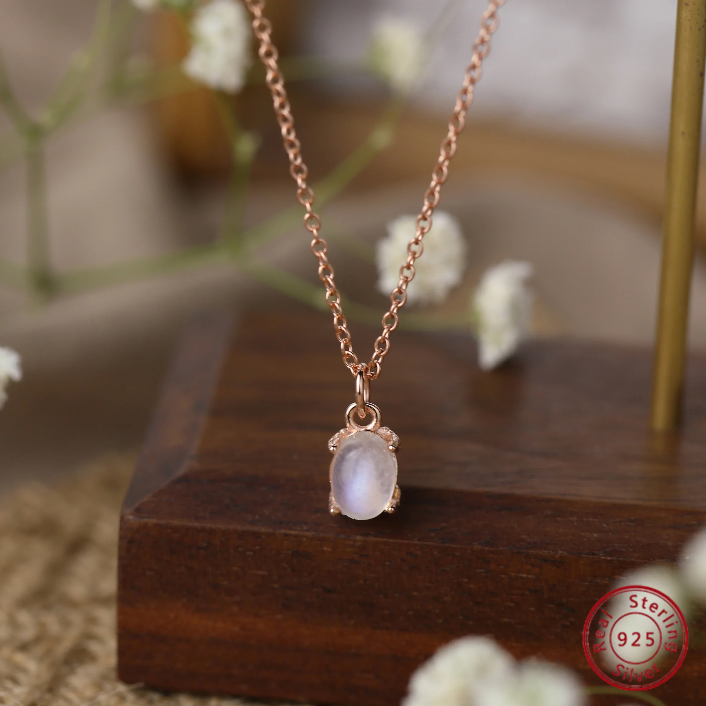 

Moonstone Necklace in S925 Silver, Unique Oval Pendant, Dainty Jewelry