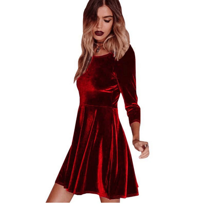 

Fashion Women Swing Hem Velvet Dress Spring Ladies Party Mini Dress Vestidos Women Velour Dress Long Sleeve Slim Tops Red