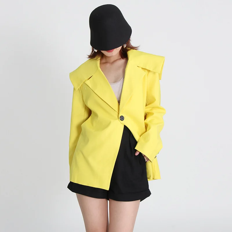 

EDGLuLu 2022 Women Turn-down Collar One Button Blazer Casual Fashion Coat Office Lady Loose Yellow Coat Suit Jacket Female 1003