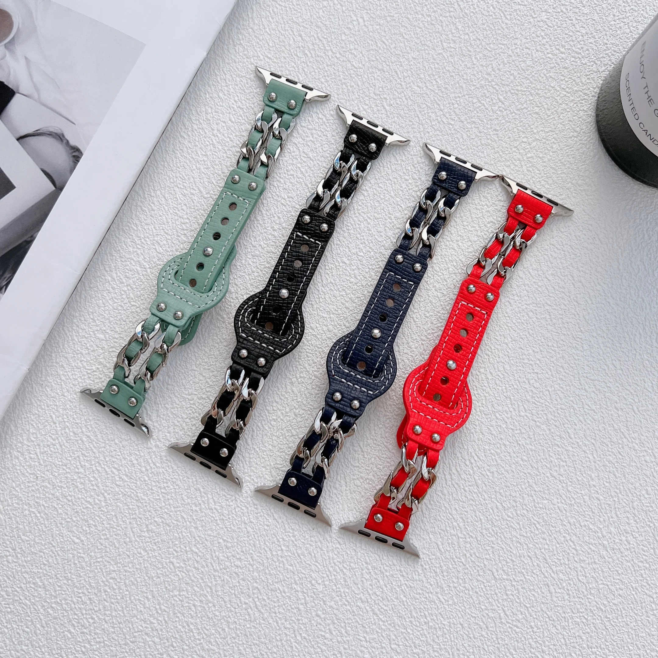

Metal leather band for Apple Watch Series 7 6 SE 5 4 3 for iwatch 41mm 45mm 38 40mm 44 42mm punk chain stainless steel bracelet