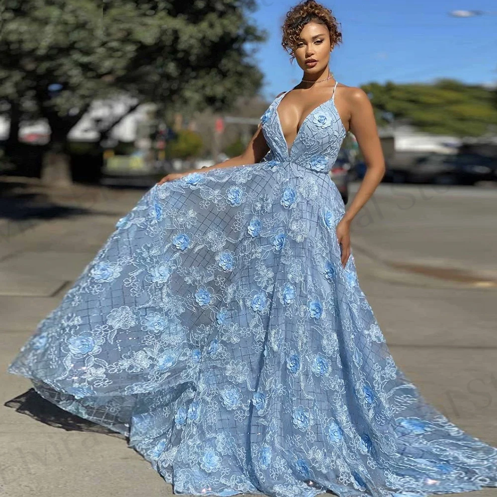 

Awesome Lace-Up Evening Dresses 2023 Ladies A-Line Tulle V-Neck Spaghetti Straps Sweep Train Applique Sequins Beads Party Gowns