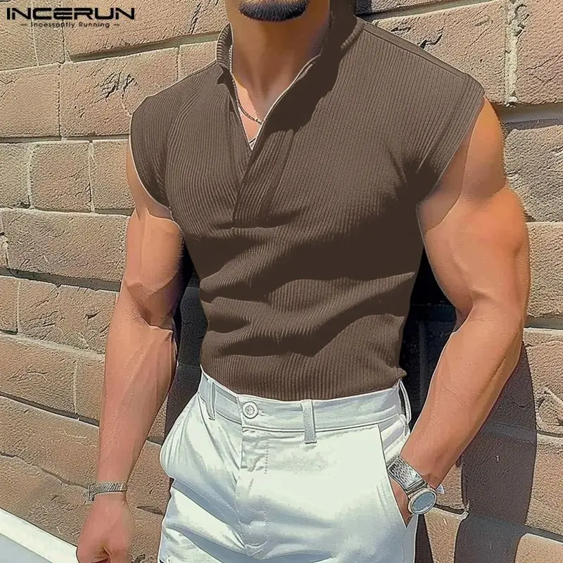 Топы INCERUN 2024 стильные мужские простые полосатые майки в Корейском стиле с