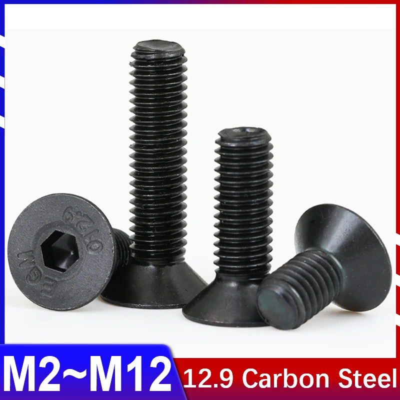 

1~50Pcs M2M3M5-M12 Grade 12.9 Black Countersunk Head Hexagon Socket Screws DIN7991 High Strength Flat Cup Flat Head Bolts SCM435