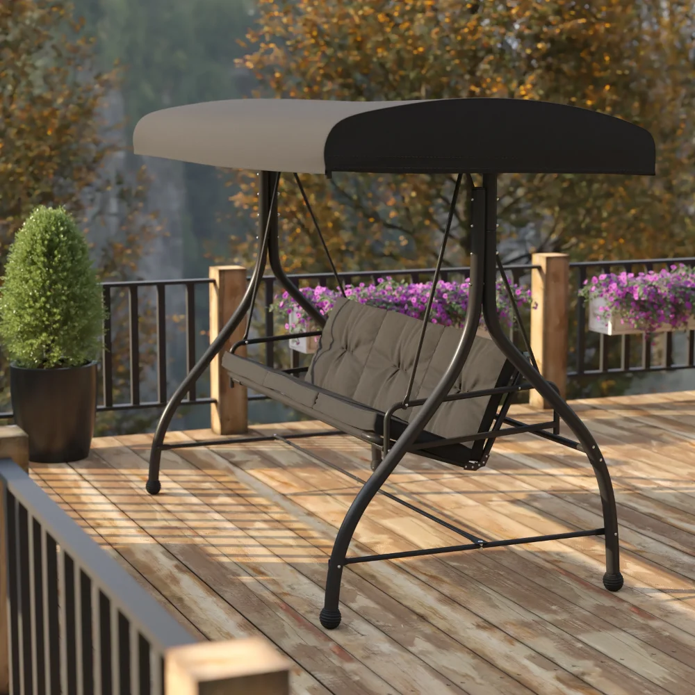 

Flash Furniture 3-Seat Outdoor Steel Converting Patio Swing Canopy Hammock with Cushions / Outdoor Swing Bed (Black)