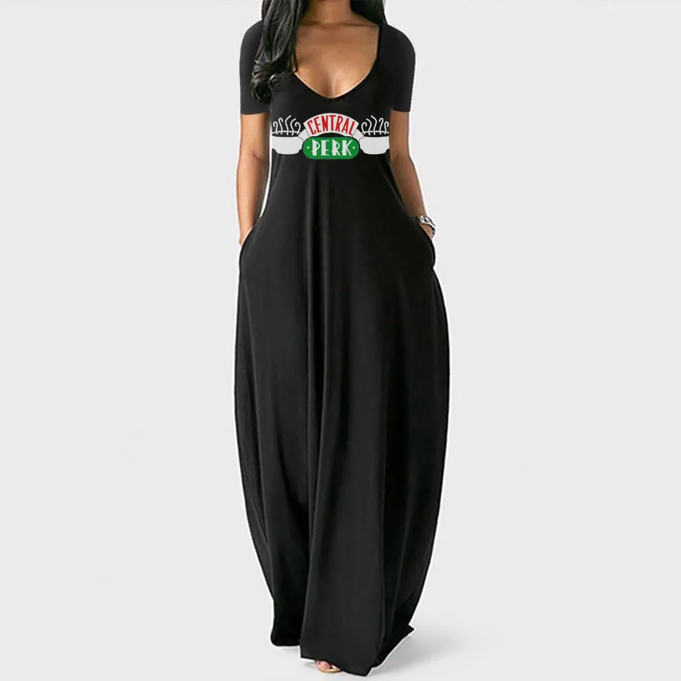 

Friends TV Show Fashion sexy print V-neck short sleeve long dress