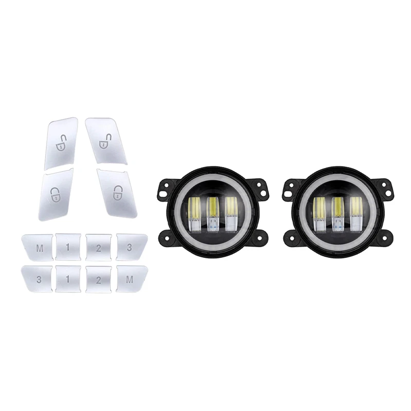 

2Pcs 4 Inch White Halo Led Fog Lights Front Bumper Lamp & 12Pcs Car Door Seat Memory Lock Buttons Covers Stickers
