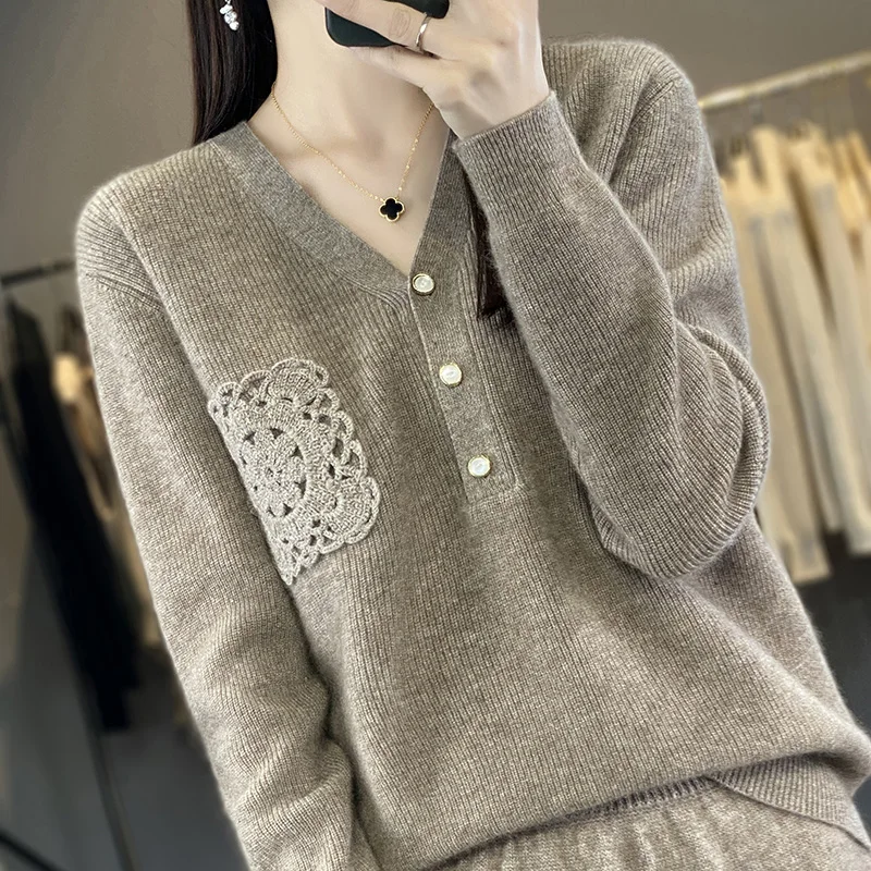 Женский кашемировый свитер V-образный вырез вязание крючком на пуговицах