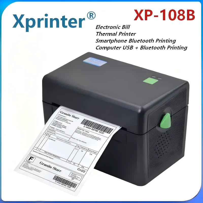 Фото Xprinter ®   Термопринтер XP-108B: HD-печать этикеток/накладных, печать логотипов, текста, графики, QR-кодов. Подключение к смартфону, Bluetooth, компьютеру, USB. №1