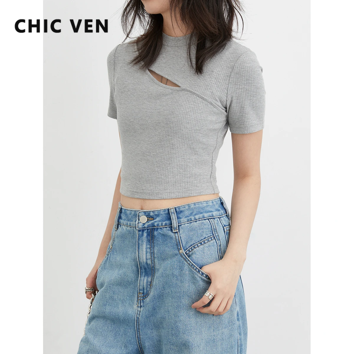 

CHIC VEN Women Crop Tops Irrgular Hollow Out Short Sleeved T-shirt Short T-Shirts Bottomed Slim Fitting Female Tees 2023