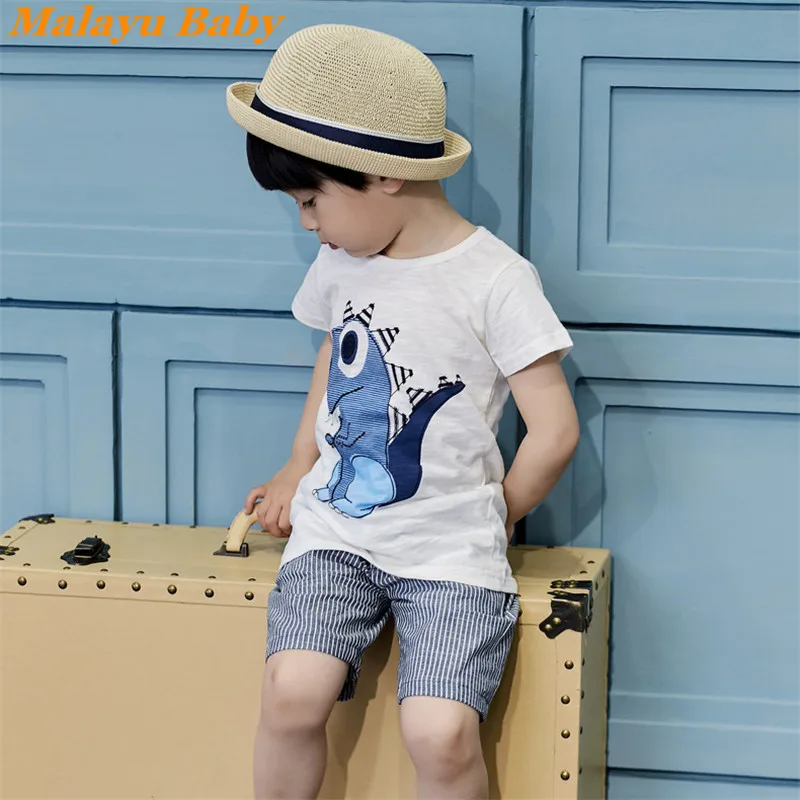 

MALAYU BABY Toddler Boy Costume Suit 2022 Summer New Cartoon Short Sleeve T-Shirts/Striped Shorts 2 Pcs Outfits 2-6 Years Kids