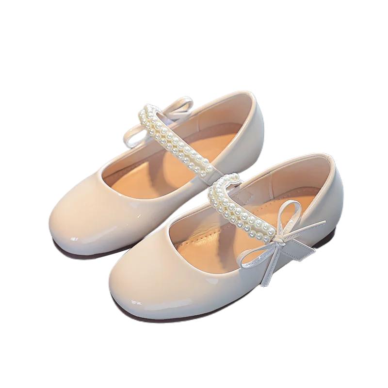 

Princess Leather Shoes Girl Autumn Children Flats Rubber Sole High School Girls Flats Shoes with Pearls Toddler Girl Party Shoes