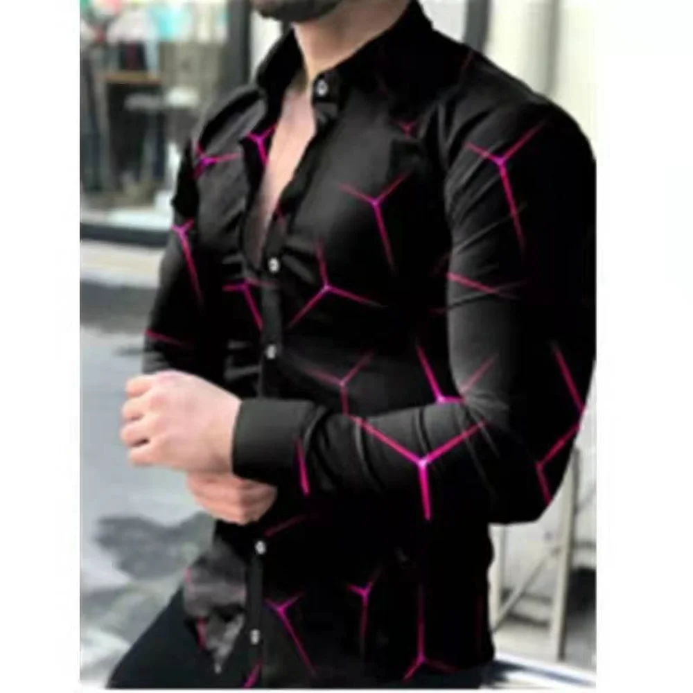 Men's Long Sleeve Shirt Top Gradient Slim Geometric Print Shirt
