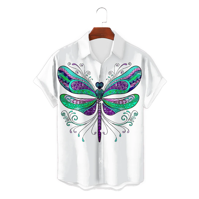 

Мужская гавайская рубашка, повседневная однобортная футболка с 3d рисунком стрекозы, стильная футболка, 2022