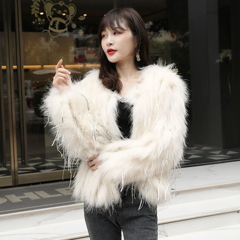 

Plush Winter Warm Fur Coat Raccoon Fur Fashion Fringe Embellished Coat Ladies Elegant Outdoor Windproof Coat