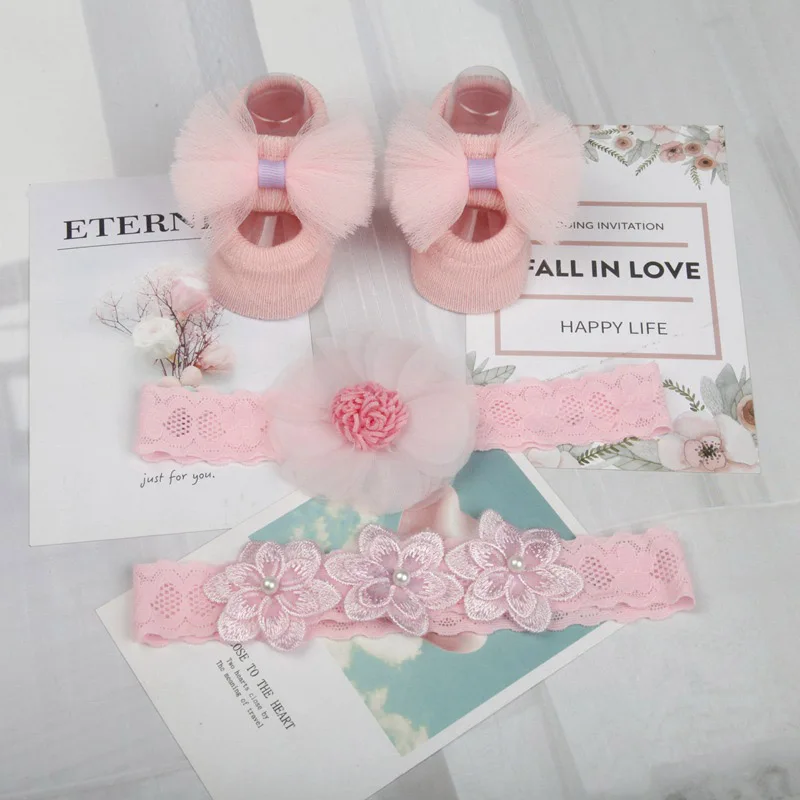 

3Pcs/Set Cute Crown Baby Girl Headband Socks Lace Bows Flower Princess Newborn Short Socks Hairband Kids Headwear Accessories