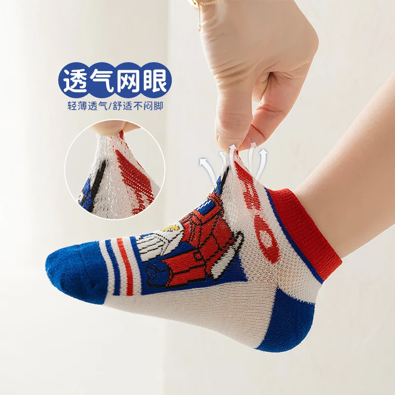 5 pairs of 2023 new baby cartoon transformers children's socks striped straight plate socks combed cotton socks