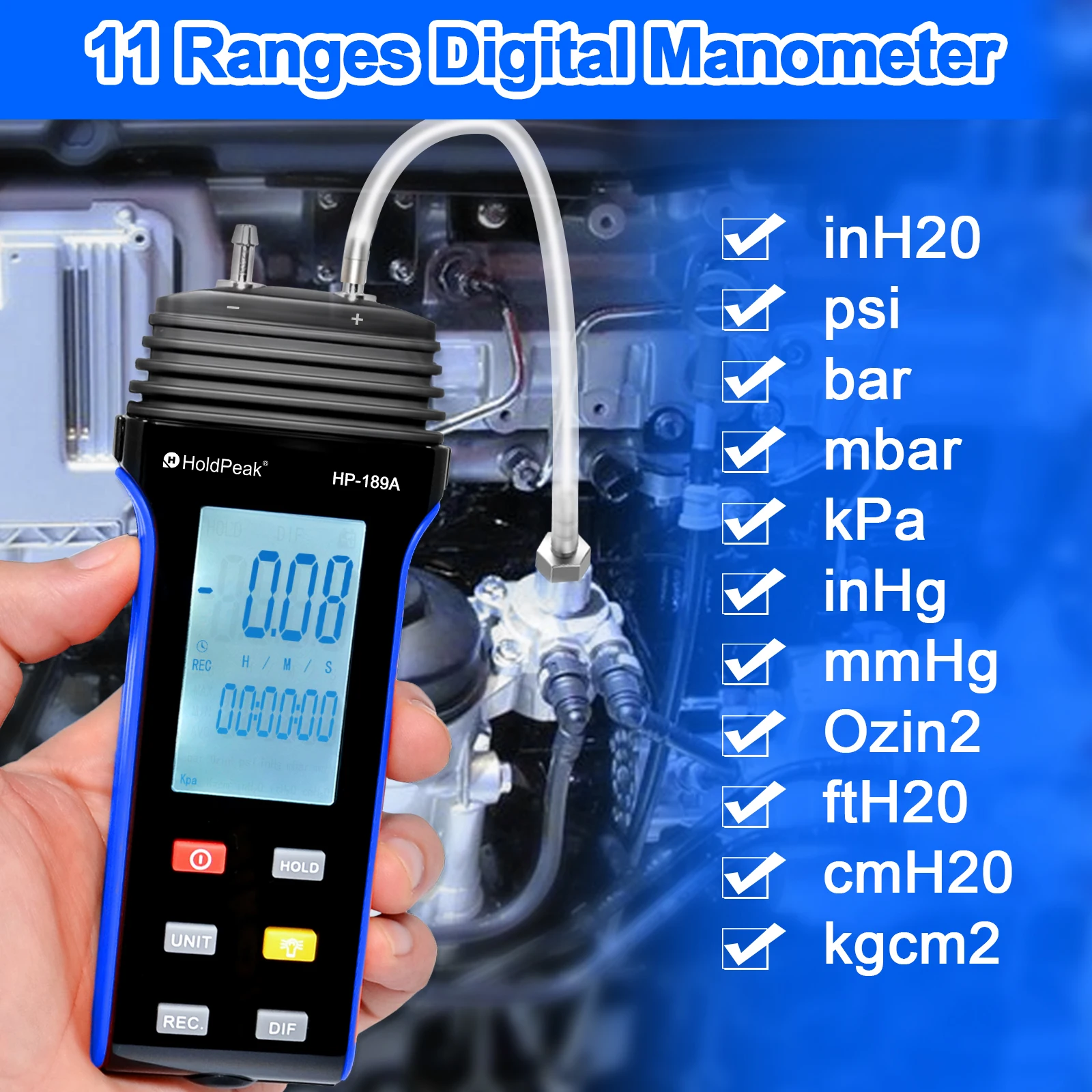 Фото HoldPeak HP-189A Цифровой манометр Многофункциональный манометр Мультигазовая система / четкие считывания / Переключаемые блоки №3