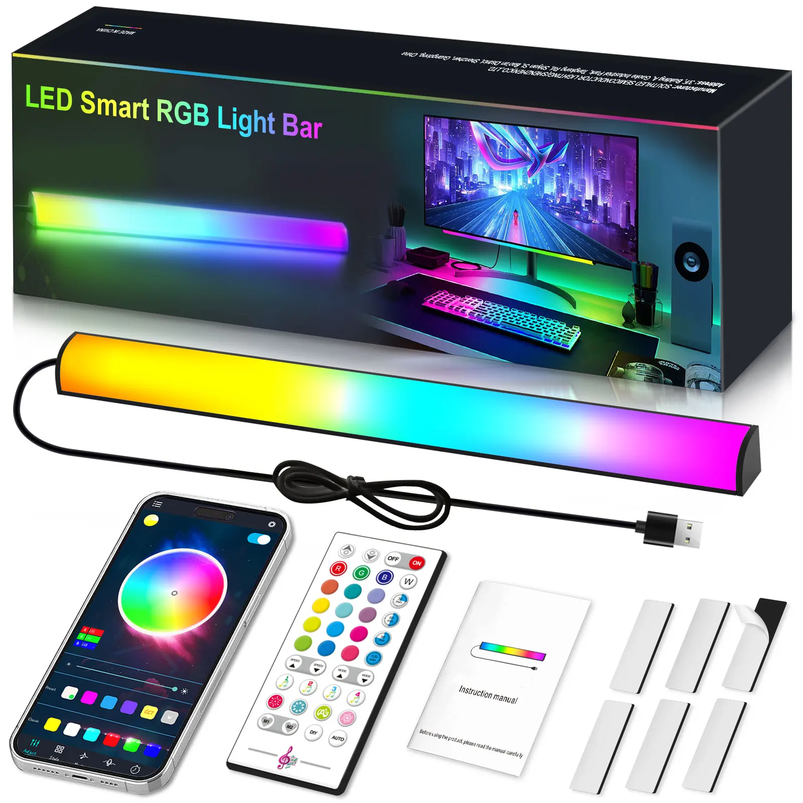 Display downward light bar, RGB screen light bar, desktop light PC, dimmable LED dynamic rainbow effect, adjustable brightness,