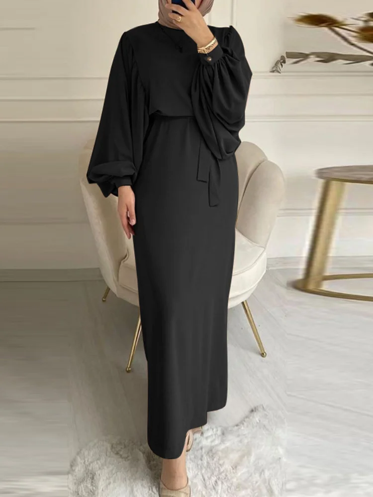 Women Fashion Puff Sleeve Morocco Muslim Dress Abaya Kaftans Casual Evening Modest Dresses Dubai Islam Clothing Long Robe Eid