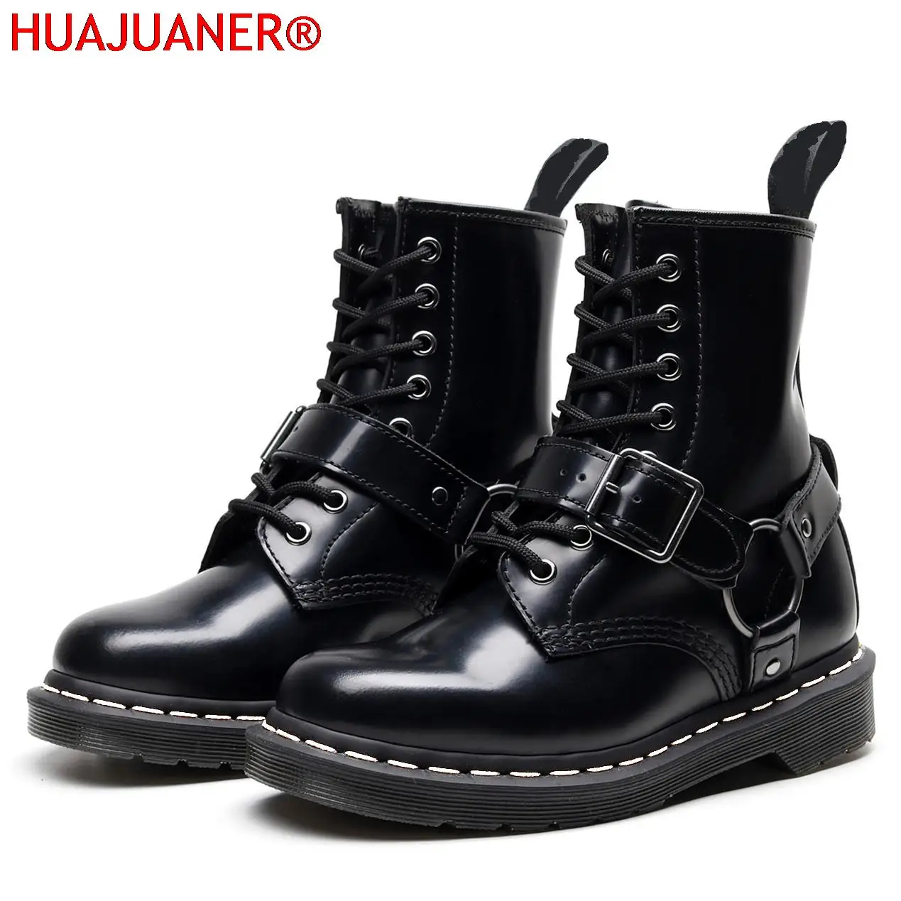 

Women Ankle Boots Genuine Leather Ladies Short Boots Metal Buckle Motorcycle Fashion Boots Female Black High-top Shoes Booties