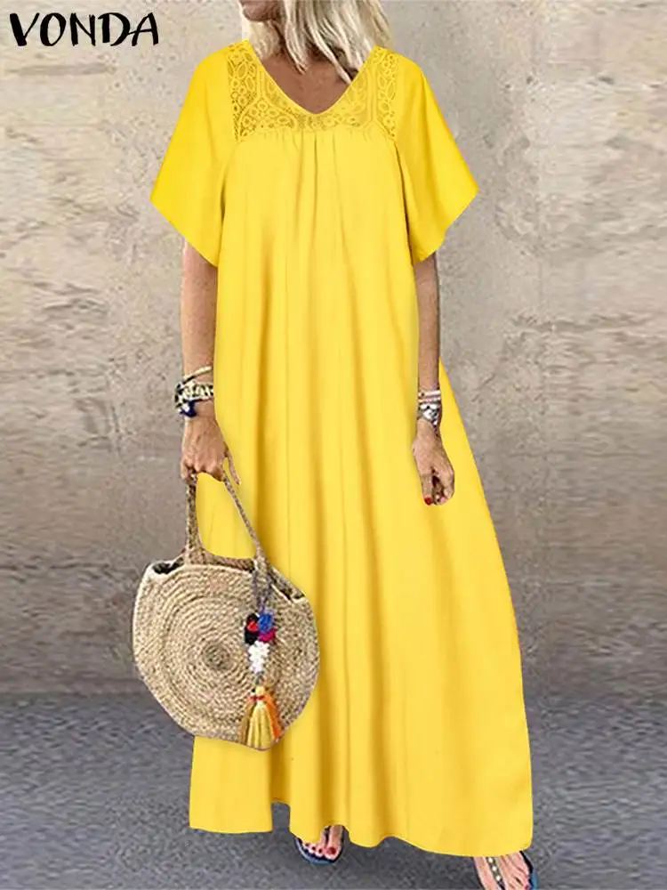 

VONDA Bohemian Half Sleeve V Neck Long Dress 2022 Fashion Casual Loose Sundress Women Summer Retro Lace Patchwork Holiday Robe