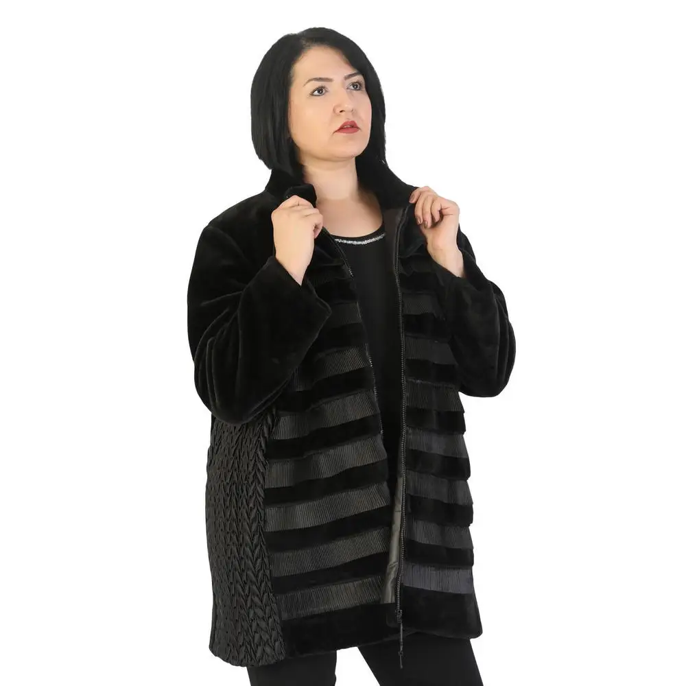 Fierte Women Large Size Coat Ayl61420 Crew Neck Zipper Closure Faux Fur Lining Winter Thick Warm Black