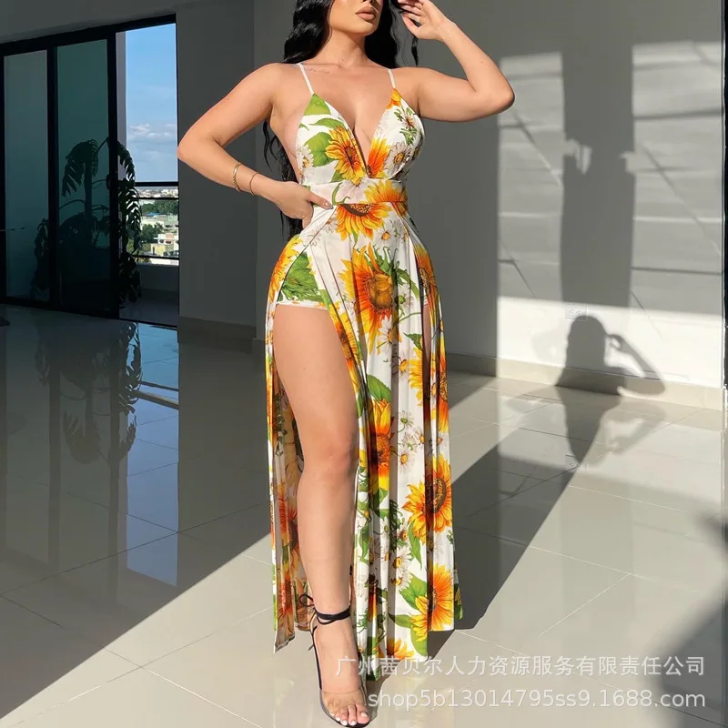 

Women Sexy Sunflower Print Corset Bohemian Dress Elegant Strap V Neck High Waist Halter Slit Vacation Long Dress Streetwear