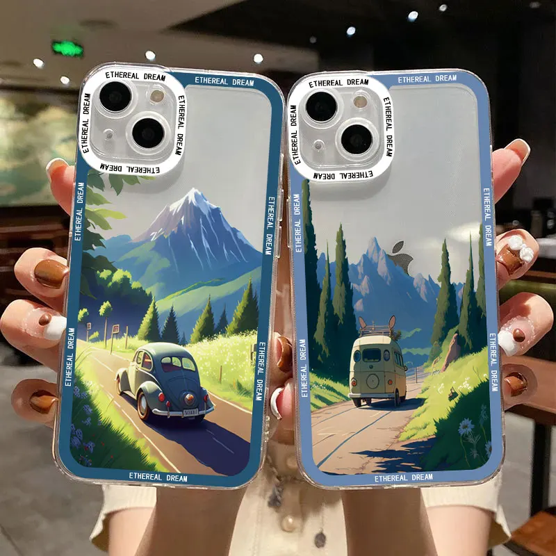 

Clear Phone Case for iPhone X XR XS 7 8 Plus SE 2020 11 12 13 14 Pro Max Cover Travel Mountain Scenery Transparent Shell Fundas