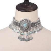ethnic statement collar necklace for women choker bohemian vintage hollow geometric crystal rhinestone beads coin tassel jewelry