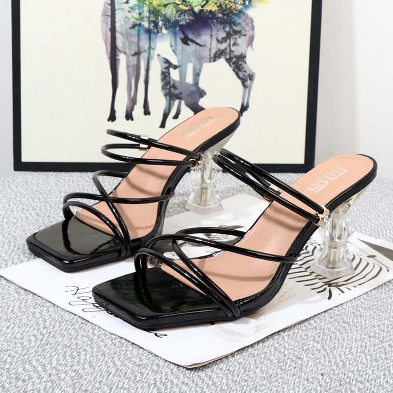 

heeles 2022 summer shaped with high-heeled metal buttons transparent with outdoor slippers with thin belt women's shoes
