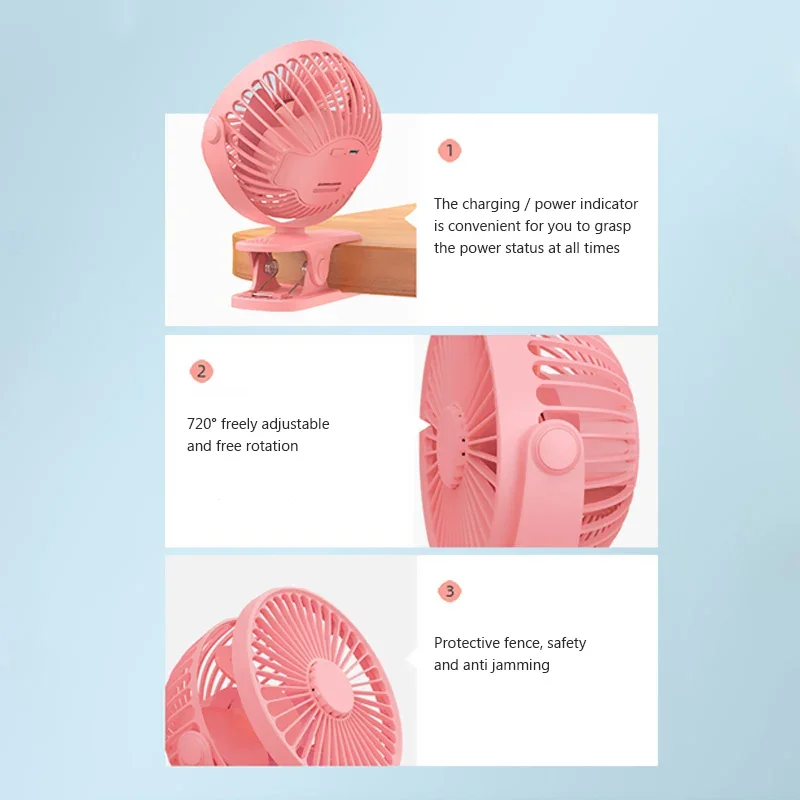 Настольный вентилятор с зажимом перезаряжаемый через USB вращающийся для