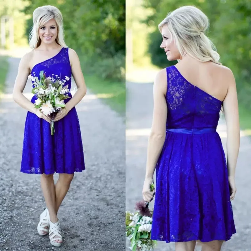 

Country Bridesmaid Dresses New Short For Weddings Lace Royal Blue Knee Length Cheap With Sash One Shoulder Maid of Honor Gowns U