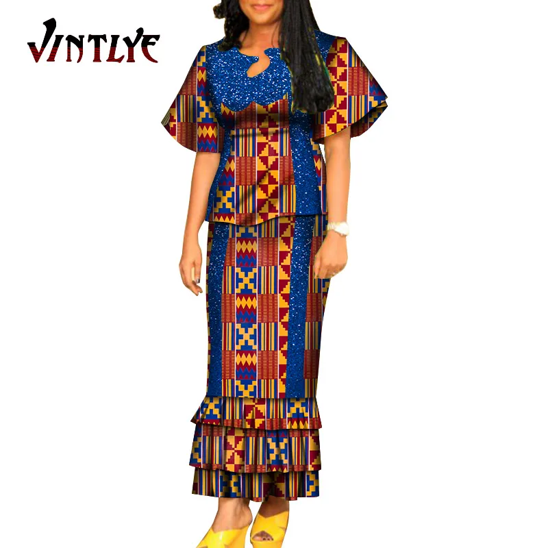 African Dashiki Bazin Riche Draped Tops and Skirt Sets for Women 2 Piece Sets Office Vestido Skirts Sets Clothing WY6180