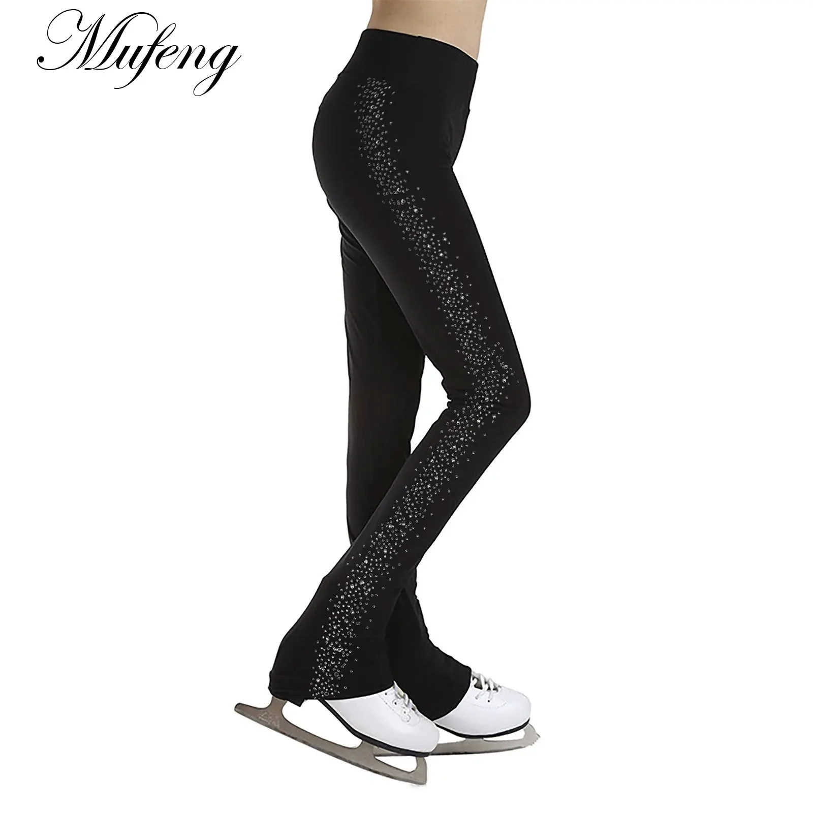 

Kids Girls Figure Skating Pants Side Rhinestones Ice Skating Practice Leggings Gymnastics Footless Dance Training Tights