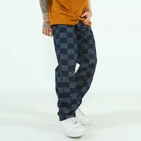 checkerboard plaid jacquard jeans mens high street loose straight trend trousers