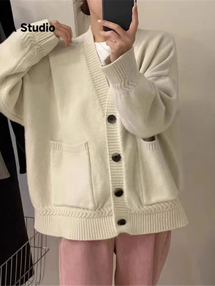

Knitted Cardigan Women's 2023 Autumn/winter New Korean Loose Large Pocket Mid Length Casual Sweater Jacket