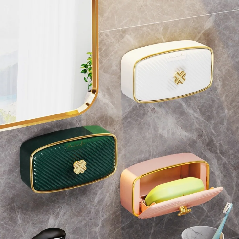 

Adhesive 2023 Flip Cover Wall Mounted Bathroom Accessories Plastic Drain Soap Box Storage Rack Soap Holder Soap Dishes