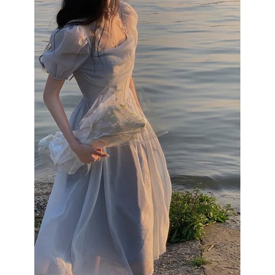 

SuperAen 2022 Summer Elastic Back Solid Slash Neck A-LINE Ankle-Length Casual Dresses for Women