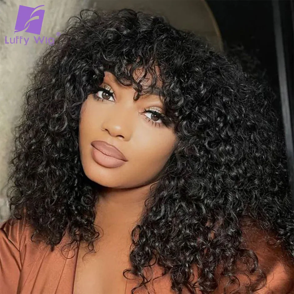 

Short Water Curly Full Machine Made None Lace Human Hair Bob Wig With Bangs Boho Curly Glueless Bang Wigs 180% Density For Women