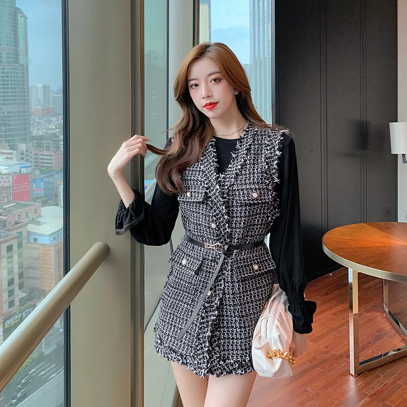 

Women Luxurious Vintage Elegant Tweed Jacket Autumn 2023 Vest Waistcoat Knitted Vest with Belt Sleeveless Oversized Jacket Veste