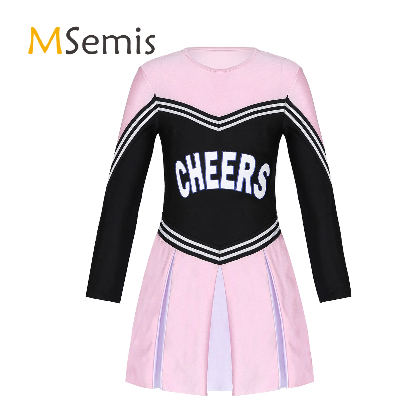 

Kids Girls Cheerleading Dance Uniform Long Sleeve Cheers Printed Pleated Dress with Press Buttons at Crotch Cheerleader Dress