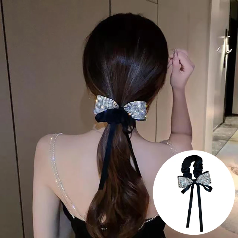 

Luxury Shiny Bowknot Hair Rope For Women Girls French Elegant Long Ribbon Hair Tie Scrunchies Headband Wedding Hair Accessories