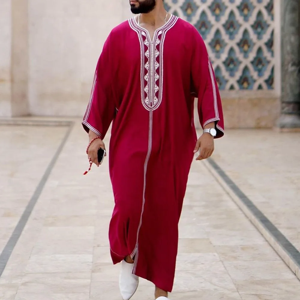 2022 Summer New Red National Style Men's Long Shirt Muslim Robe Pullover Islamic Clothing De Moda Musulmana Arabic Abaya Mens