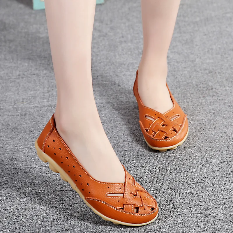 Ladies Shoes 2023 Plus Size 35-44 Summer Cut Out Women Genuine Leather Woman Ballet Flats Casual Sandals Women Loafers Gift Shoe