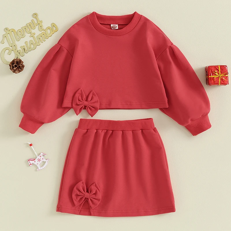 

3-7Y Kid Girls Fall Spring Clothes Set Long Puff Sleeve Side Bow Sweatshirt Split Skirt Set Sweety Children's Outfits Sets 2PCS