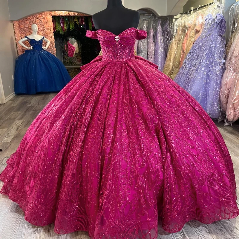 Розово-красные блестящие платья принцессы Quinceanera с открытыми плечами Gillter
