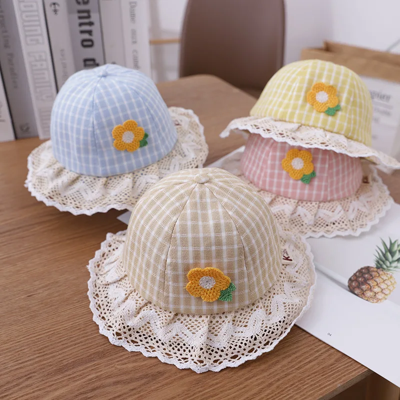

2022 Spring Outdoor Sunscreen Bucket Hat Kids Caps Lace Plaid Sunflower Fisherman Hat Summer Baby Girls Boys Sun Hats Basin Cap