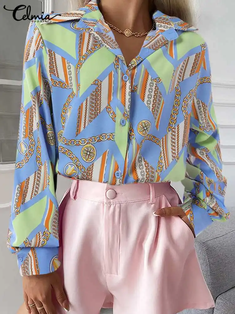 

Celmia Chain Printed Lapel Tops Women Long Sleeve 2022 Fashion Shirts Buttons Vintage Celebrities Blusas Simple Streetwear Tunic